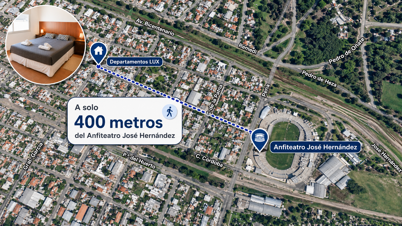Ubicación LUX Departamentos - a 400 metros del Anfiteatro José Hernández